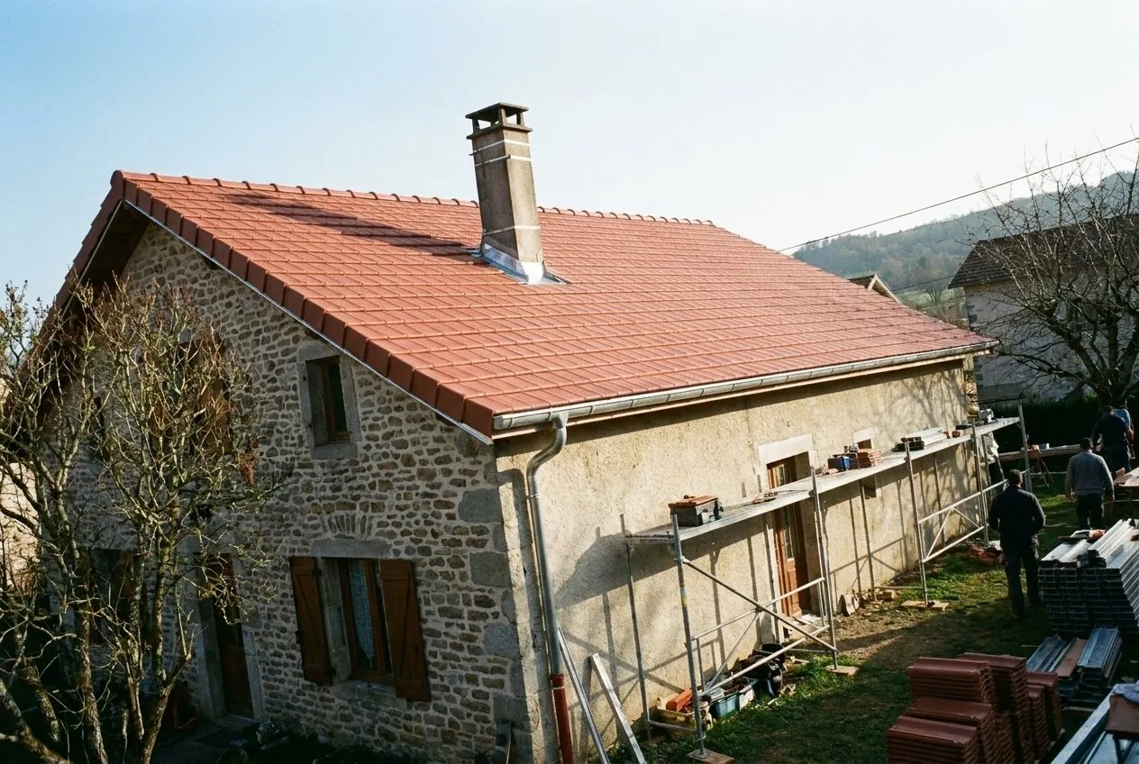 Après : maison en pierre avec toiture neuve en tuiles mécaniques rouges et abergement de cheminée en zinc, Roche-la-Molière