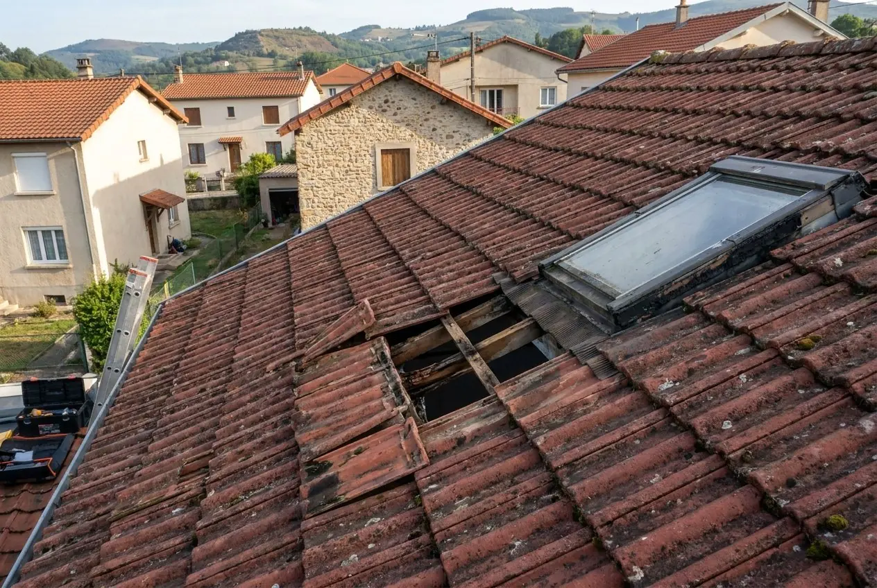 Avant : fenêtre de toit avec liteaux pourris et tuiles déposées autour, fuite dans les combles, Saint-Genest-Lerpt