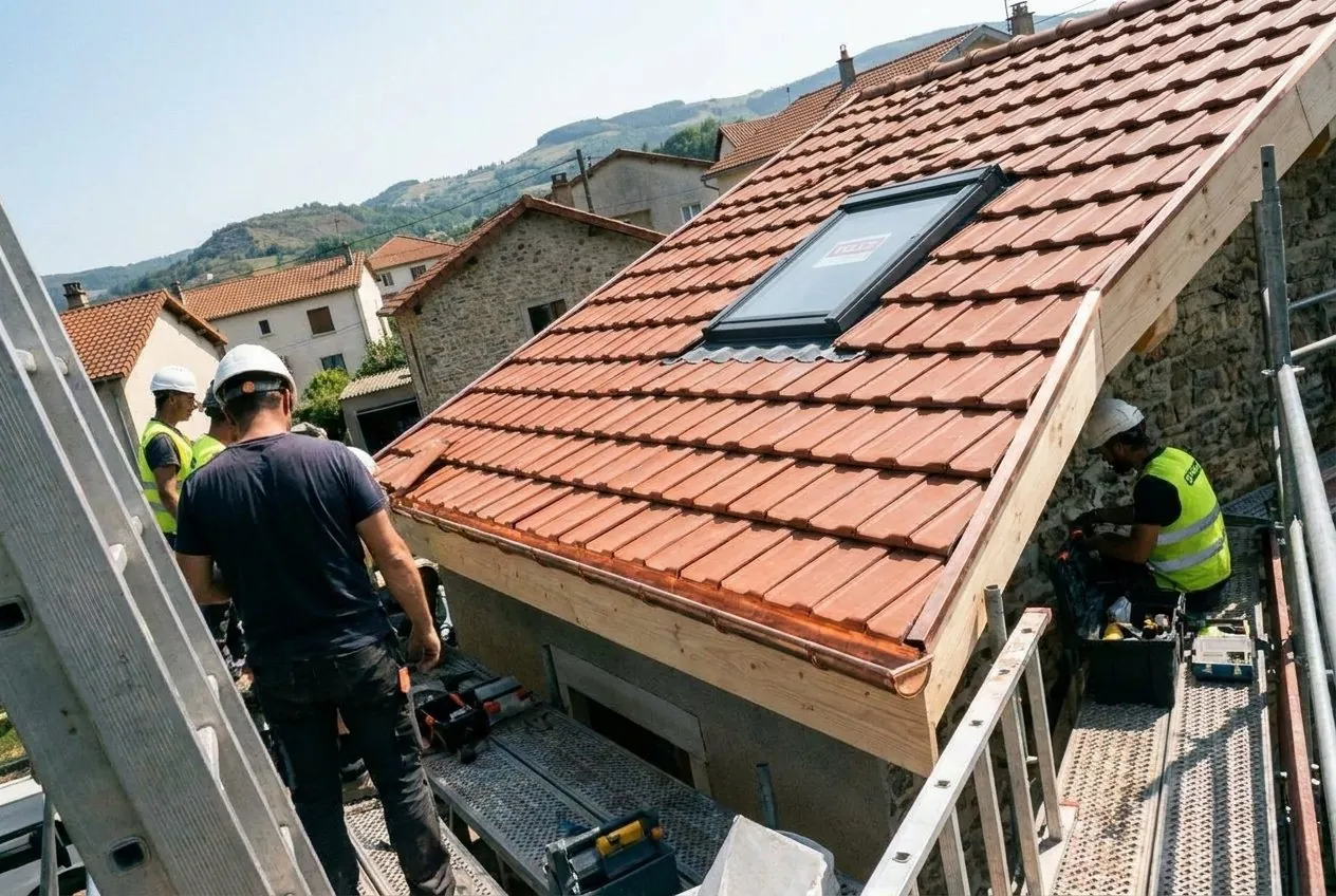 Après : toiture neuve en tuiles avec Velux et gouttière en cuivre posés par les couvreurs, Saint-Genest-Lerpt